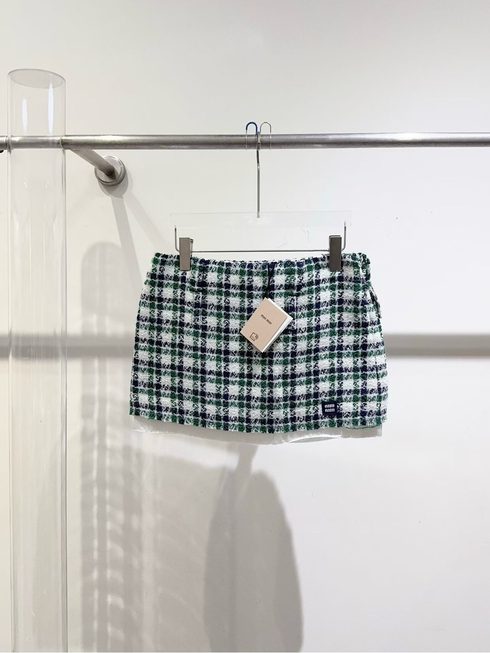 🚩steal Miu Miu Green and White Plaid Tweed Mini Skirt